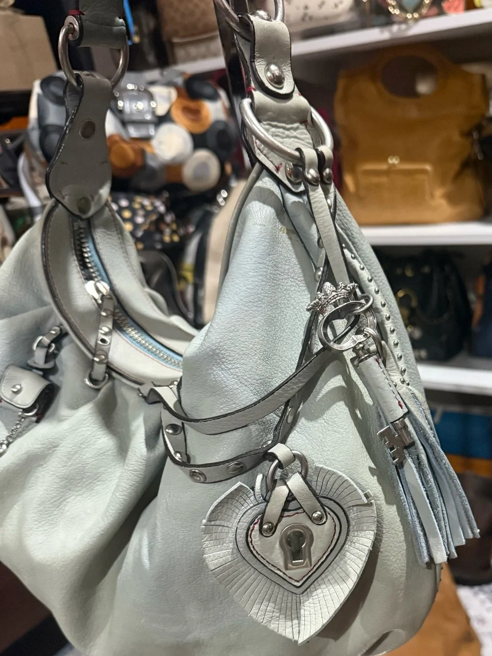 Juicy Couture Vintage Slouchy Leather Hobo bag in a Soft light blue gray tone
